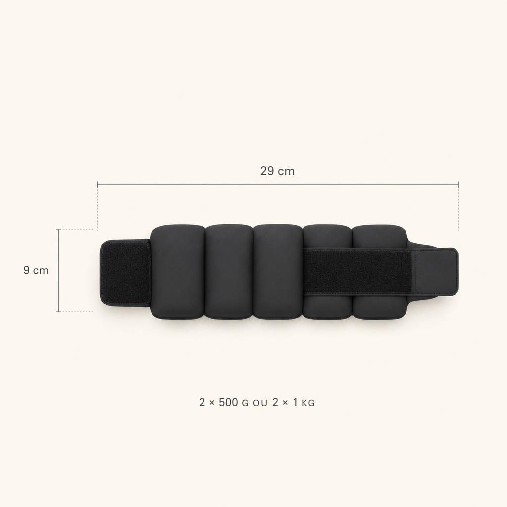 Poids disponibles des bracelets lestés : 2 × 500 g ou 2 × 1 kg