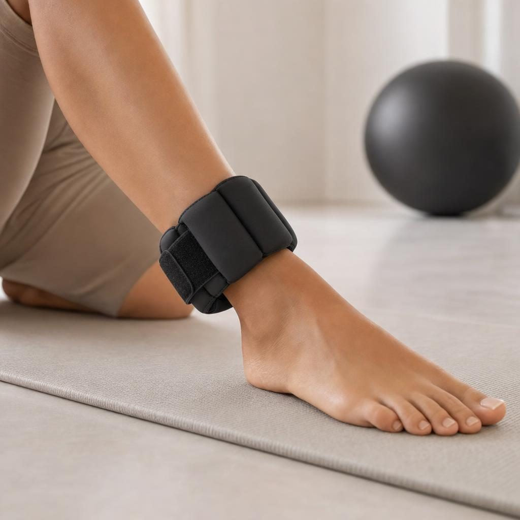 Bracelet lesté porté à la cheville sur un tapis clair