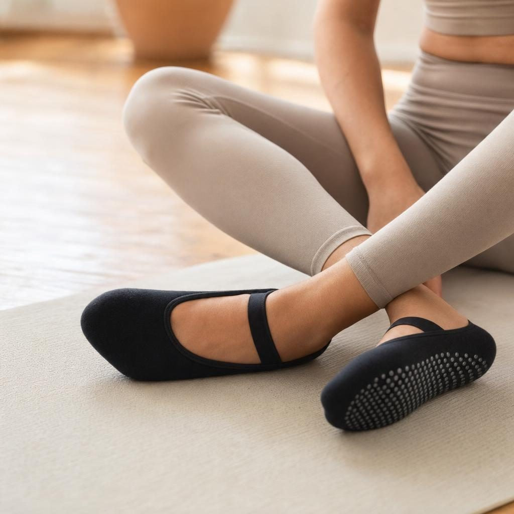 Gros plan sur les chaussettes de Pilates portées sur un tapis